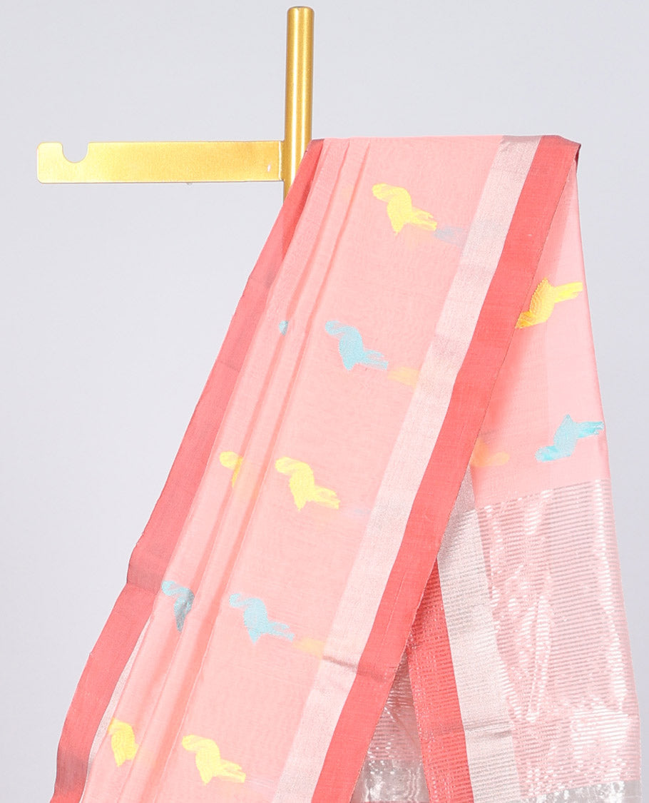 Peach chanderi cotton saree with all-over bird buttas, self-border & pallu of stripes