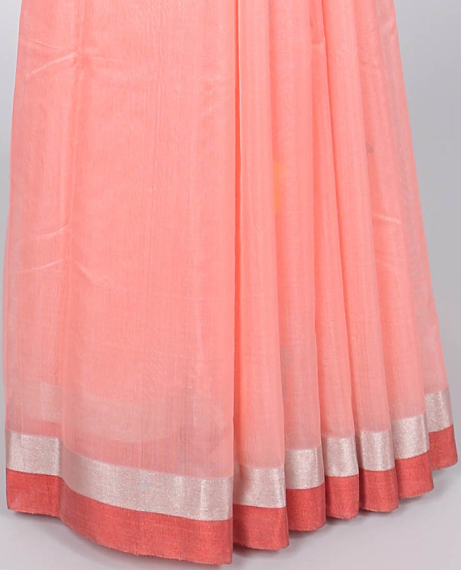 Peach chanderi cotton saree with all-over bird buttas, self-border & pallu of stripes