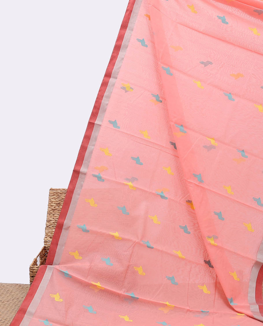 Peach chanderi cotton saree with all-over bird buttas, self-border & pallu of stripes