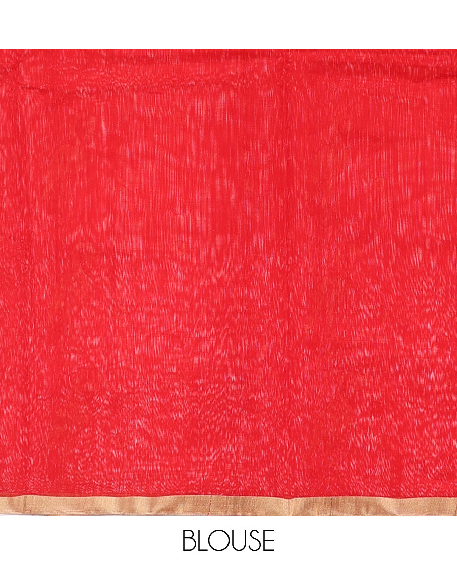 Red chanderi cotton saree with all-over buttas, self-border & pallu of zari stripes