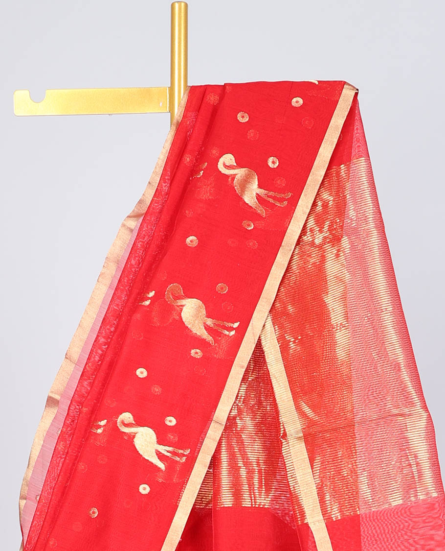 Red chanderi cotton saree with all-over buttas, self-border & pallu of zari stripes