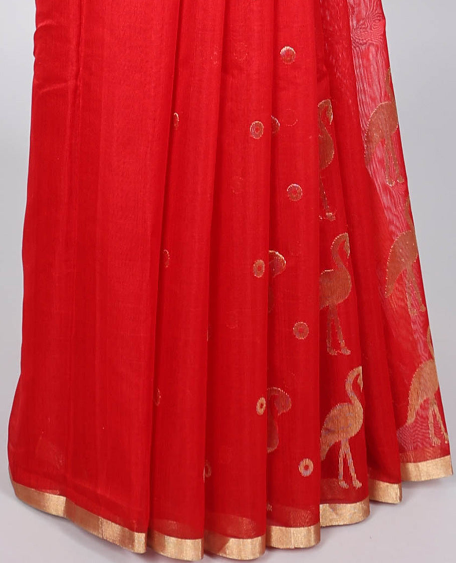 Red chanderi cotton saree with all-over buttas, self-border & pallu of zari stripes