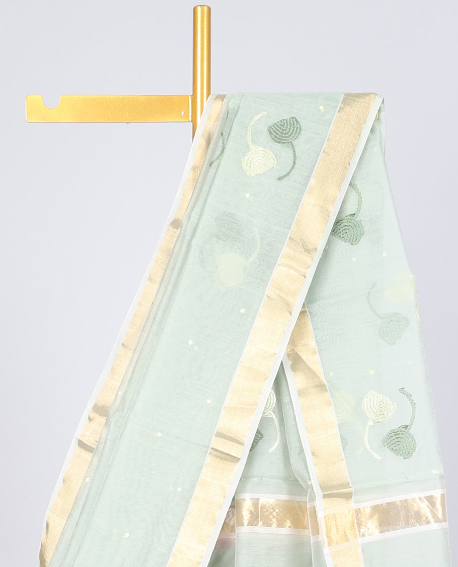 Green chanderi cotton saree with all-over buttas, zari border & pallu of buttas