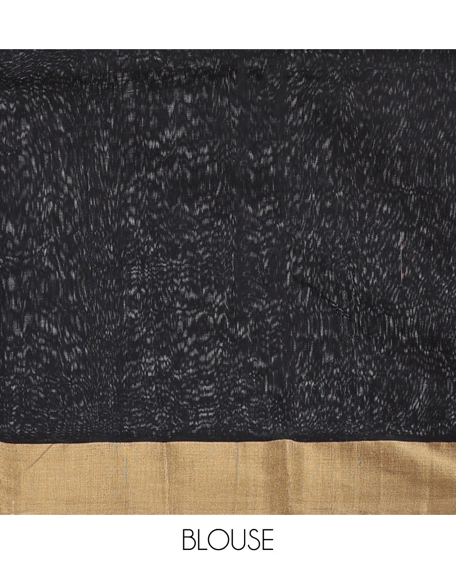 Black chanderi cotton saree with all-over buttas, plain border & pallu of stripes