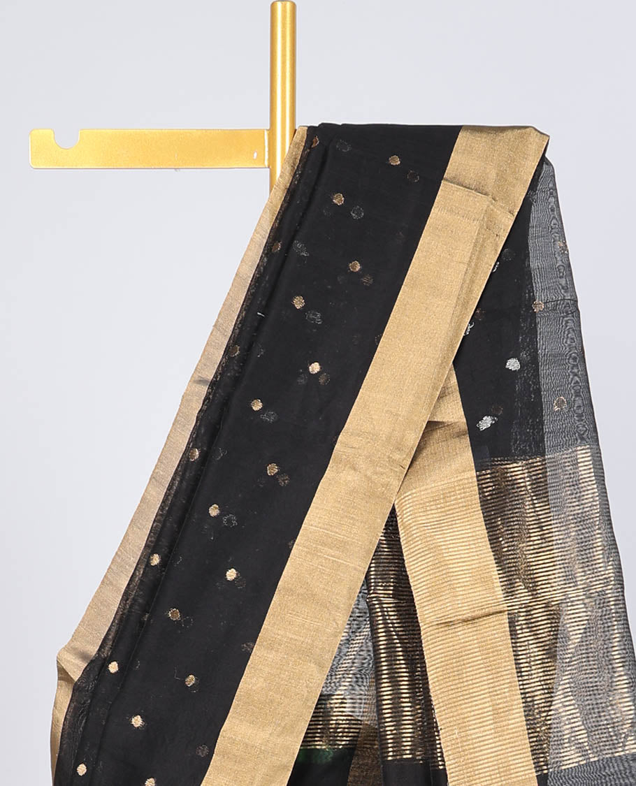 Black chanderi cotton saree with all-over buttas, plain border & pallu of stripes