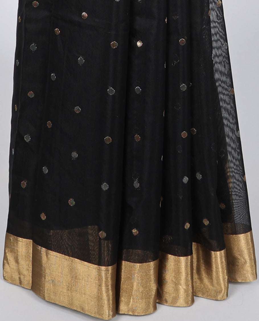 Black chanderi cotton saree with all-over buttas, plain border & pallu of stripes