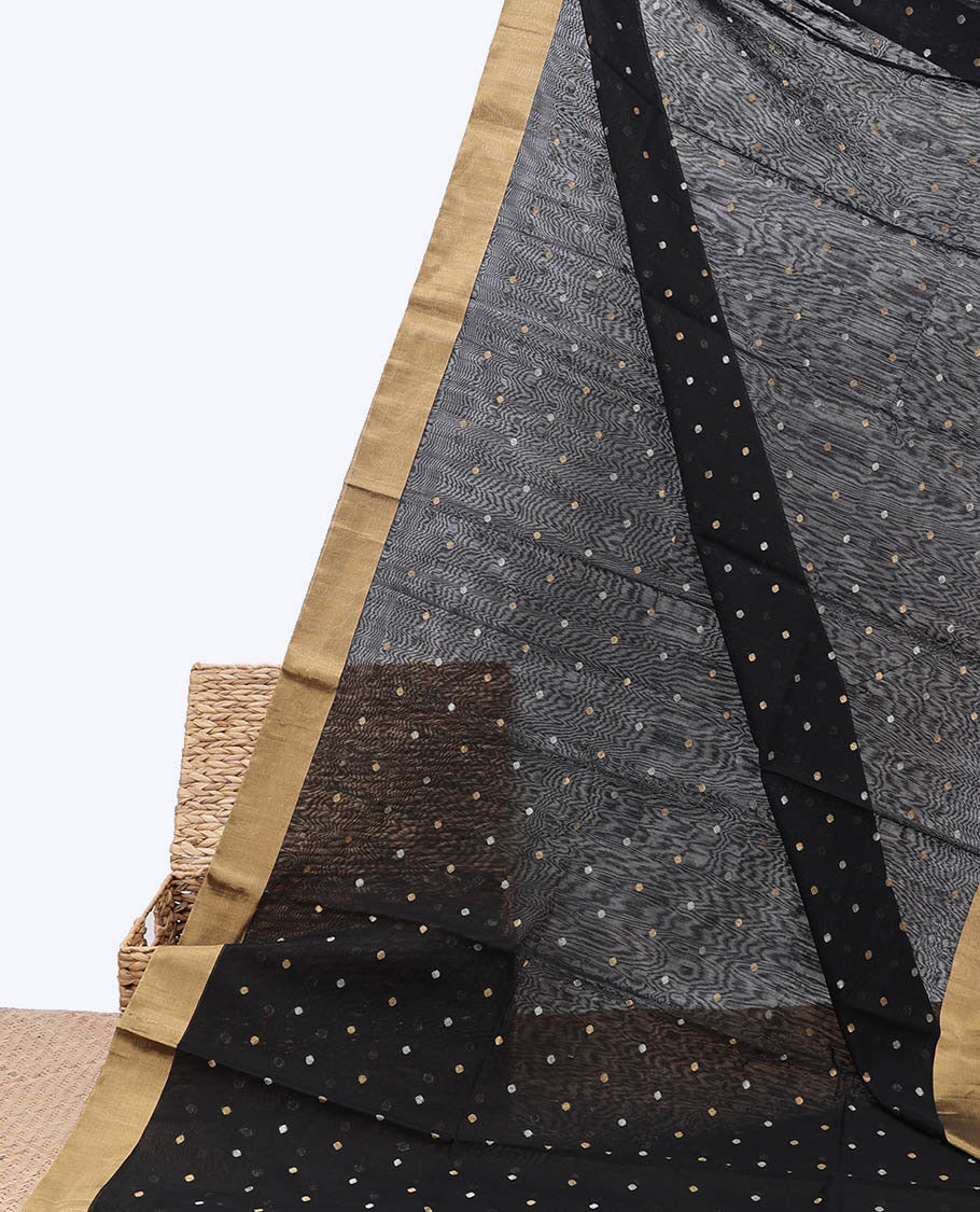 Black chanderi cotton saree with all-over buttas, plain border & pallu of stripes