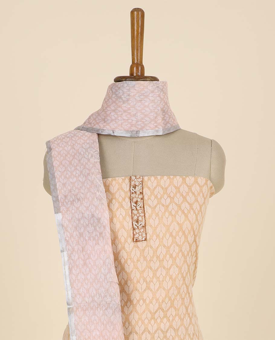 Sandal material chudidhar set, jaal design top, plain bottom & leaf vin print & embroidered dupatta