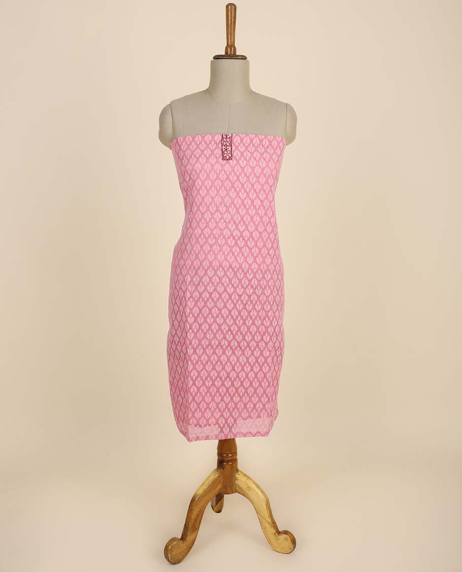 Pink material chudidhar set, jaal design top, plain bottom & leaf vine print & embroidered dupatta