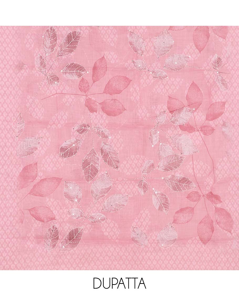 Pink material chudidhar set, jaal design top, plain bottom & leaf vine print & embroidered dupatta