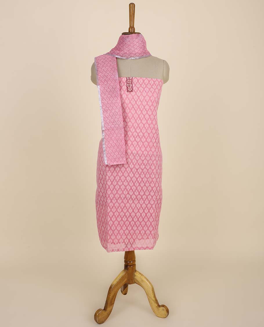 Pink material chudidhar set, jaal design top, plain bottom & leaf vine print & embroidered dupatta