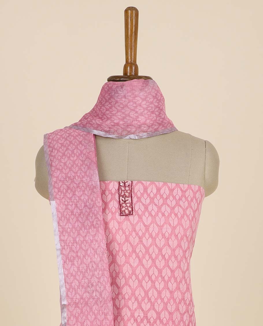 Pink material chudidhar set, jaal design top, plain bottom & leaf vine print & embroidered dupatta