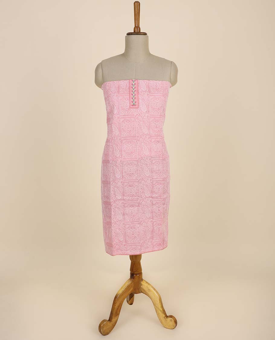 Pink material chudidhar set, intricately embroidered top, plain bottom & floral embroidered dupatta