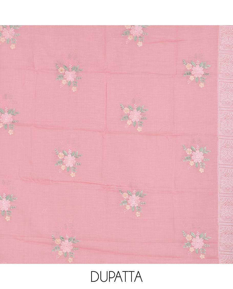 Pink material chudidhar set, intricately embroidered top, plain bottom & floral embroidered dupatta