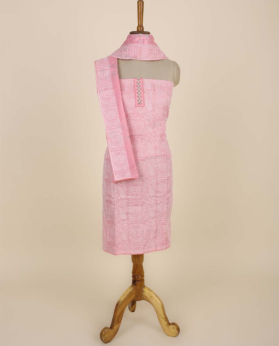 Pink material chudidhar set, intricately embroidered top, plain bottom & floral embroidered dupatta