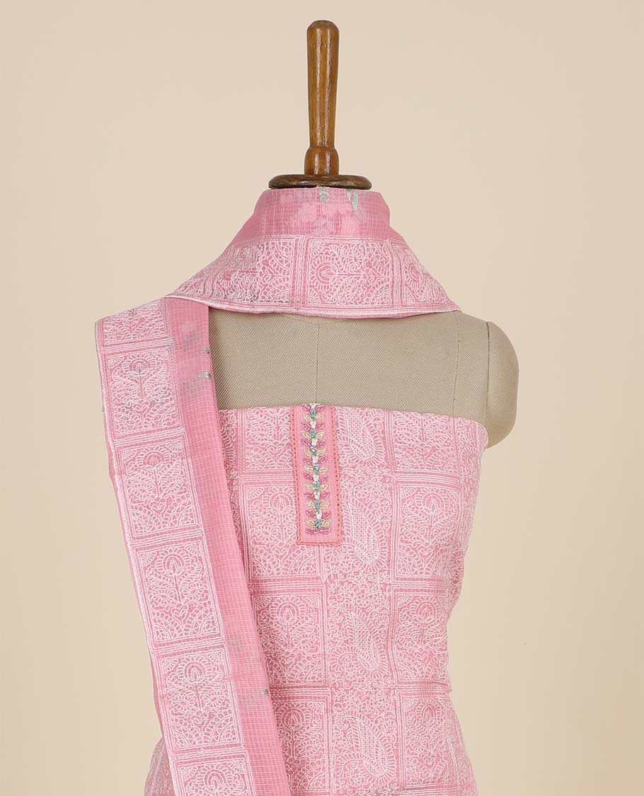 Pink material chudidhar set, intricately embroidered top, plain bottom & floral embroidered dupatta