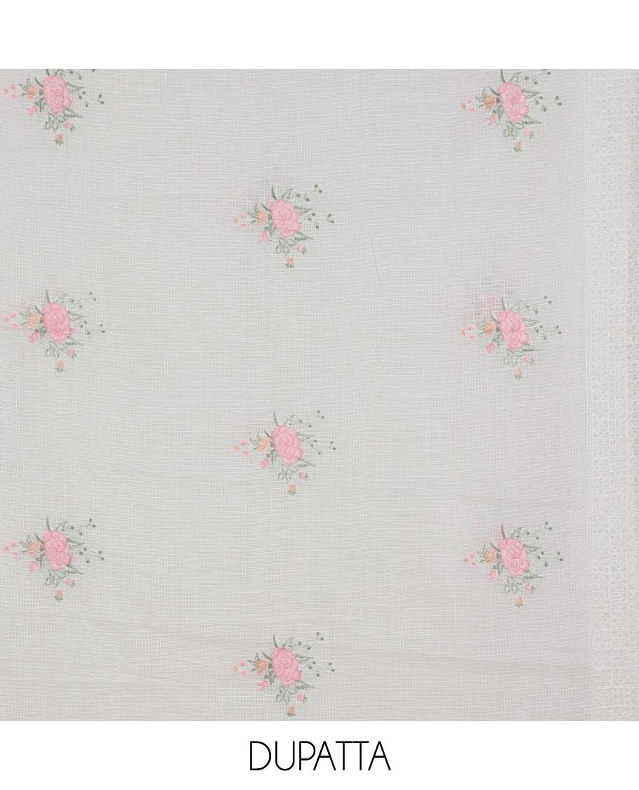 Pink material chudidhar set, intricately embroidered top, plain bottom & floral embroidered dupatta