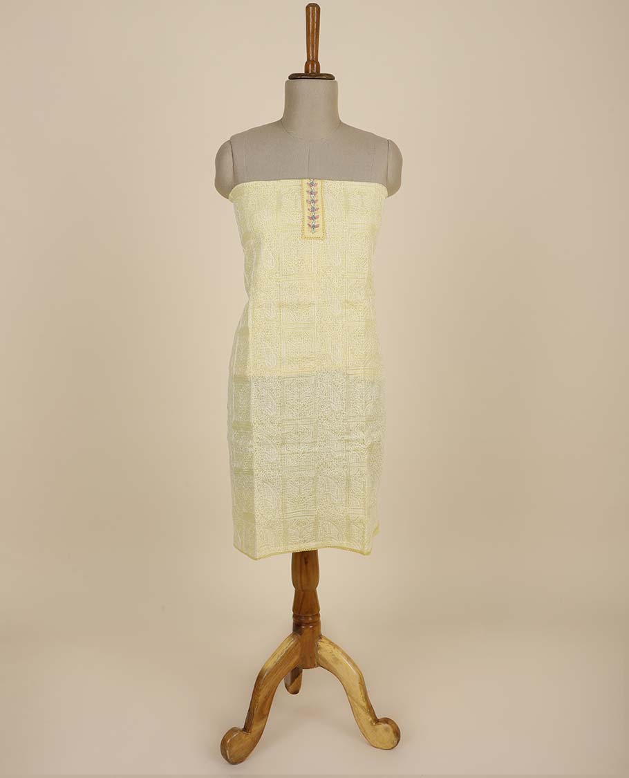 Yellow material chudidhar set, intricately embroidered top, plain bottom & floral embroidered dupatta