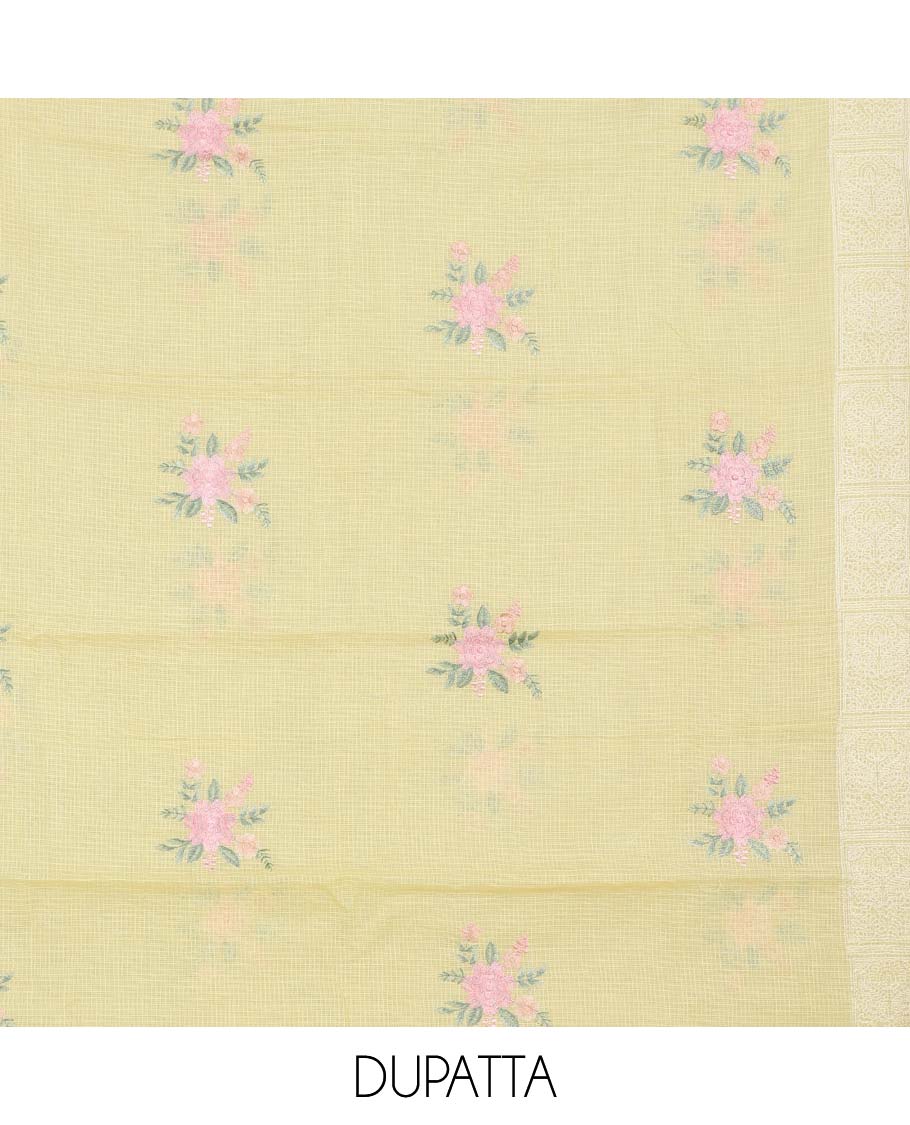 Yellow material chudidhar set, intricately embroidered top, plain bottom & floral embroidered dupatta