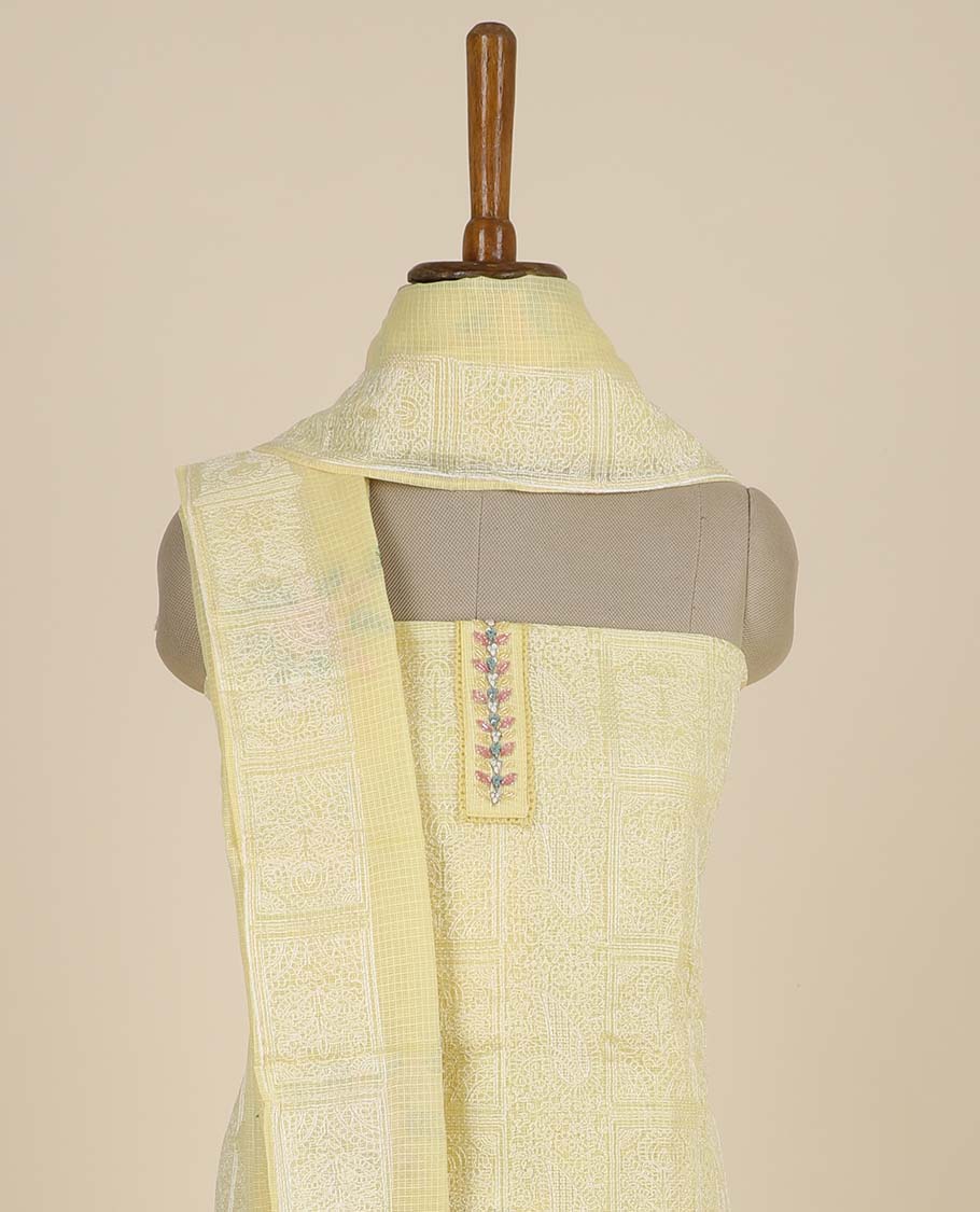 Yellow material chudidhar set, intricately embroidered top, plain bottom & floral embroidered dupatta
