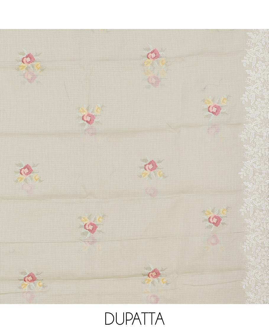 Beige material chudidhar set, floral vine embroidered top, plain bottom & floral thread work dupatta