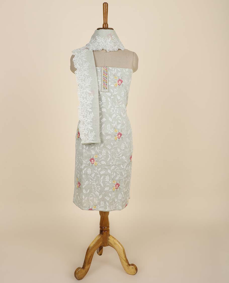Beige material chudidhar set, floral vine embroidered top, plain bottom & floral thread work dupatta