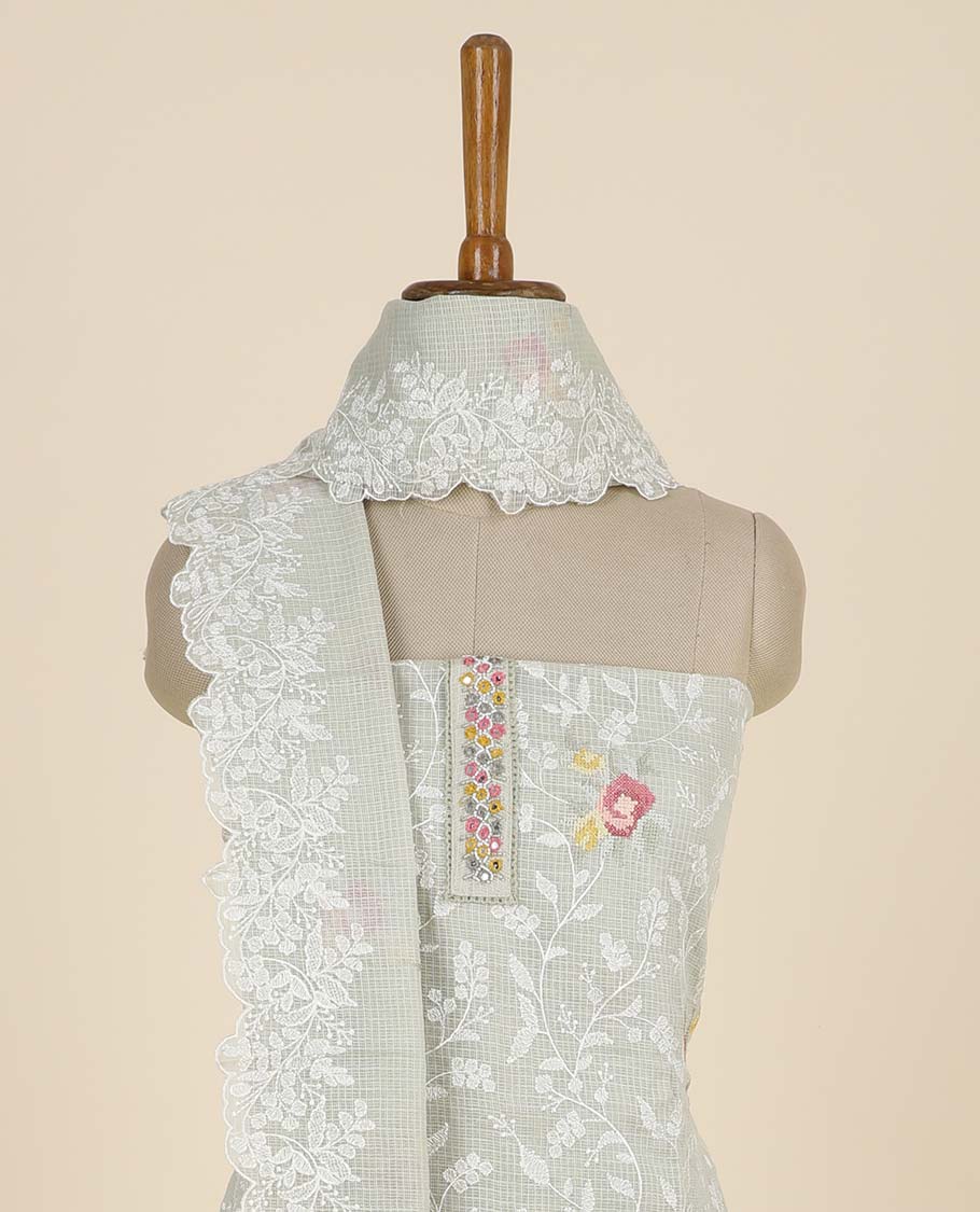 Beige material chudidhar set, floral vine embroidered top, plain bottom & floral thread work dupatta