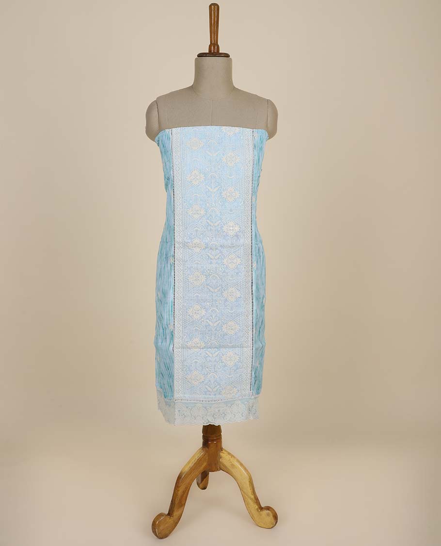 Blue material chudidhar set, uniquely designed top, plain bottom & embroidered dupatta