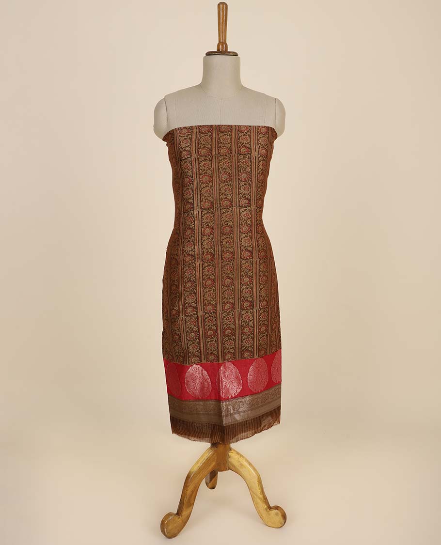 Brown material chudidhar set, floral creeper top, plain bottom & intricate floral printed dupatta