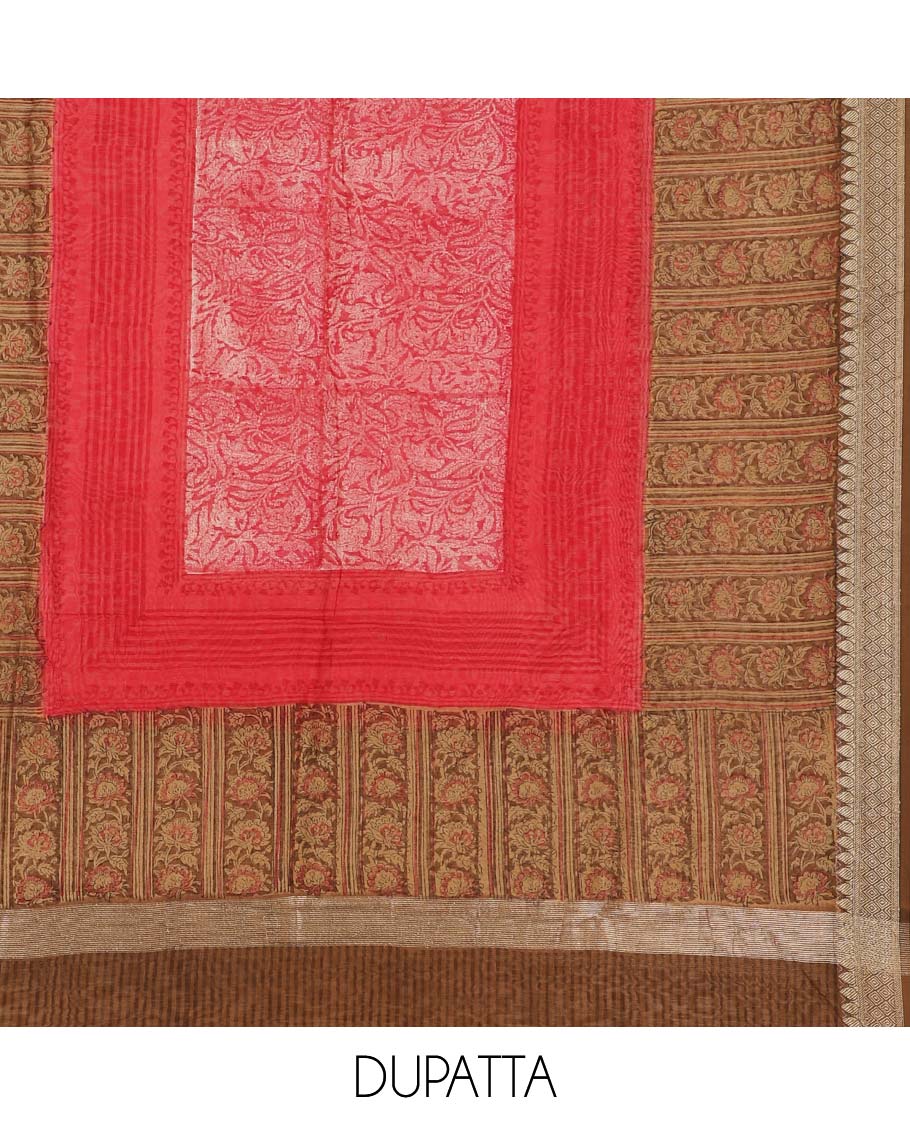 Brown material chudidhar set, floral creeper top, plain bottom & intricate floral printed dupatta