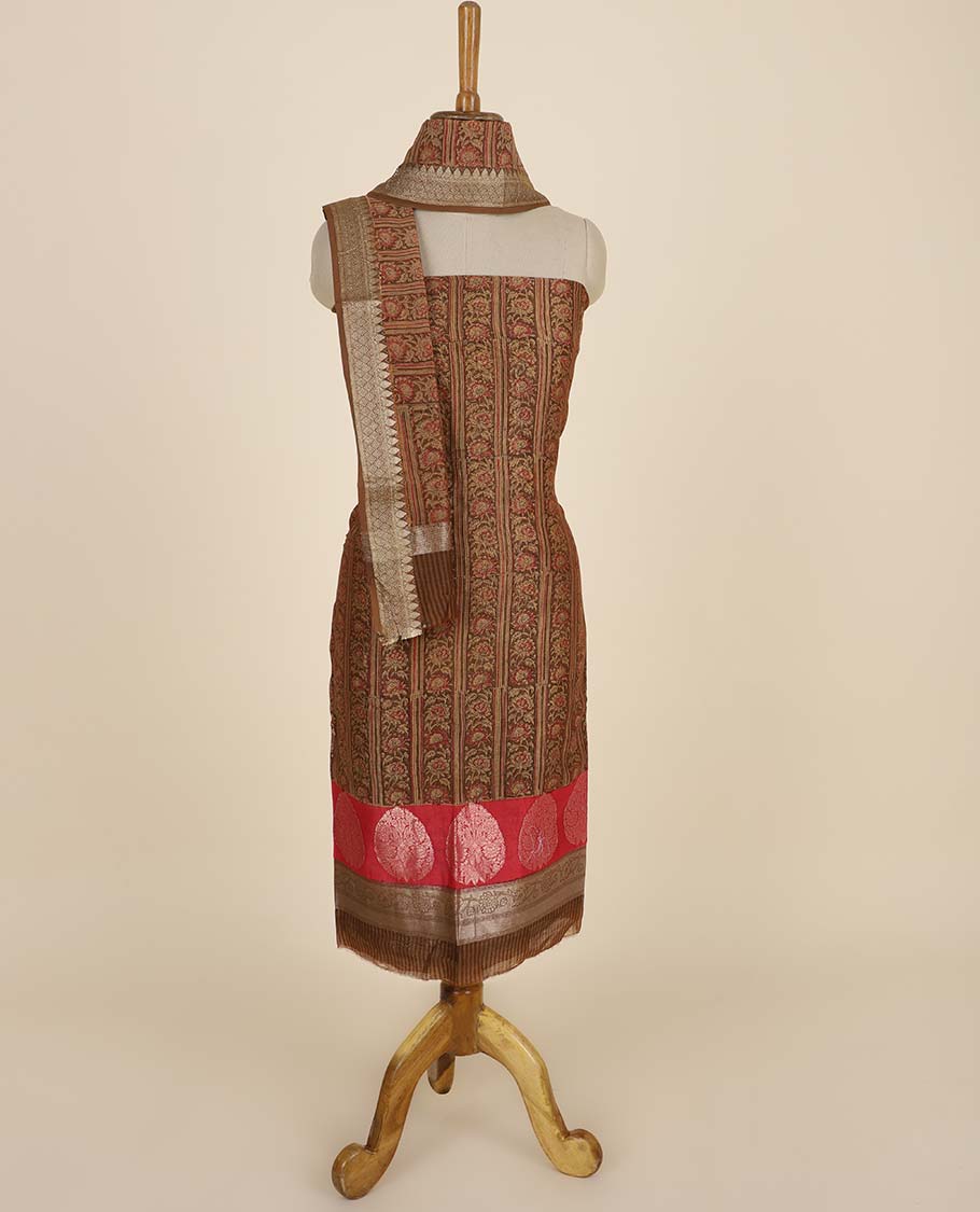 Brown material chudidhar set, floral creeper top, plain bottom & intricate floral printed dupatta
