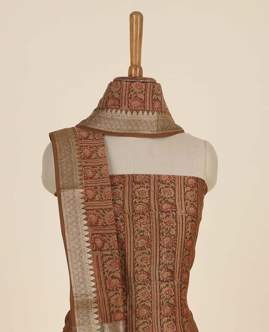 Brown material chudidhar set, floral creeper top, plain bottom & intricate floral printed dupatta
