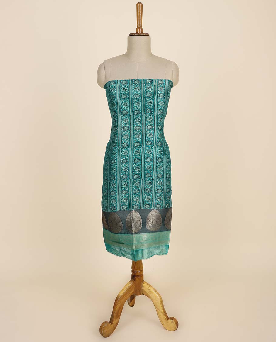Green material chudidhar set, floral creeper top, plain bottom & intricate floral printed dupatta