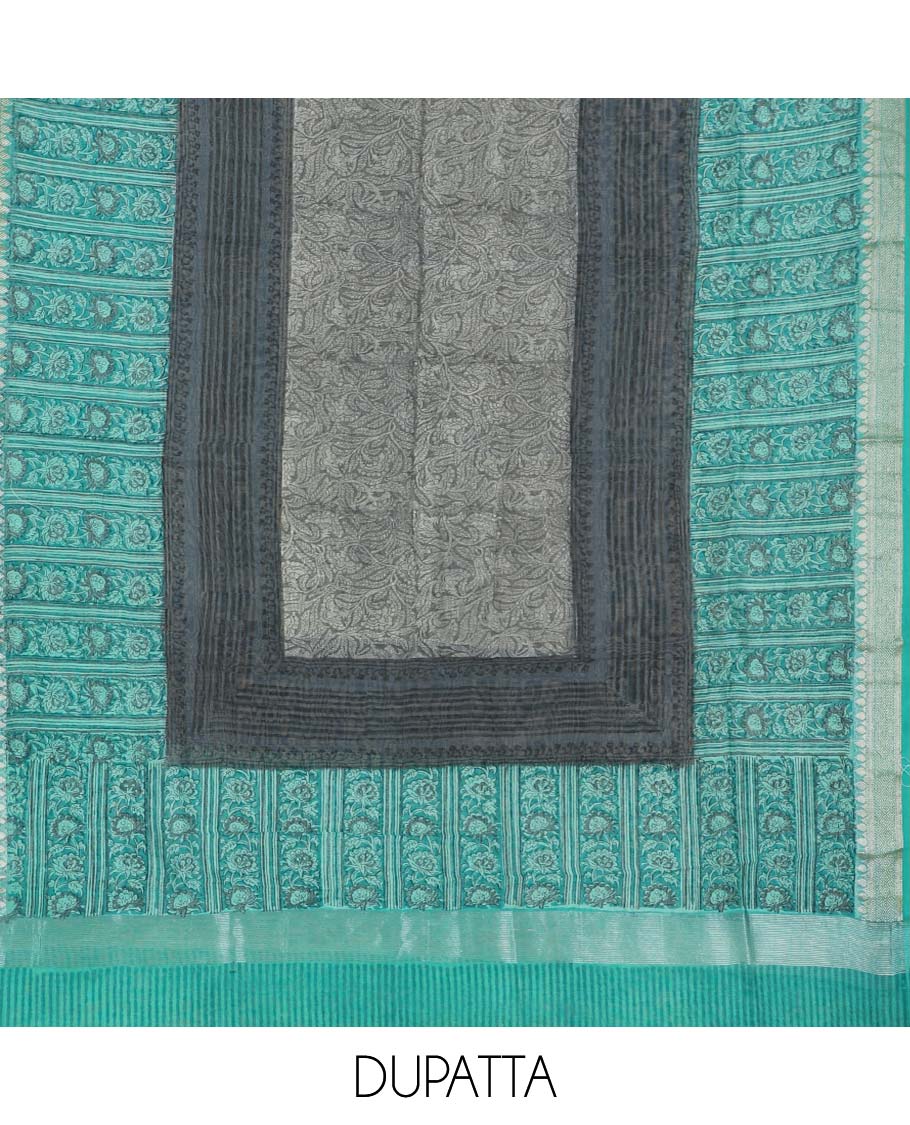 Green material chudidhar set, floral creeper top, plain bottom & intricate floral printed dupatta