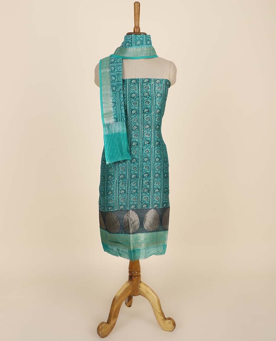 Green material chudidhar set, floral creeper top, plain bottom & intricate floral printed dupatta