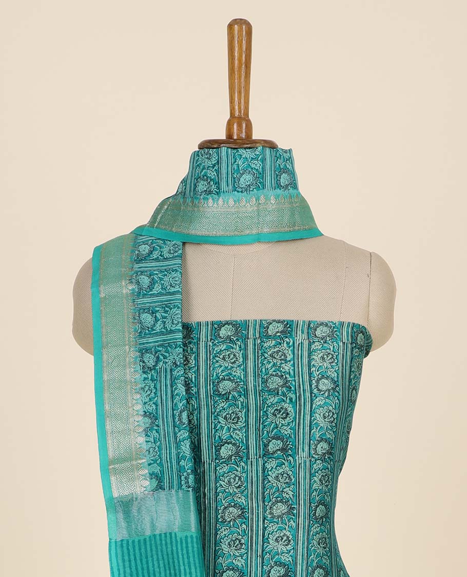 Green material chudidhar set, floral creeper top, plain bottom & intricate floral printed dupatta