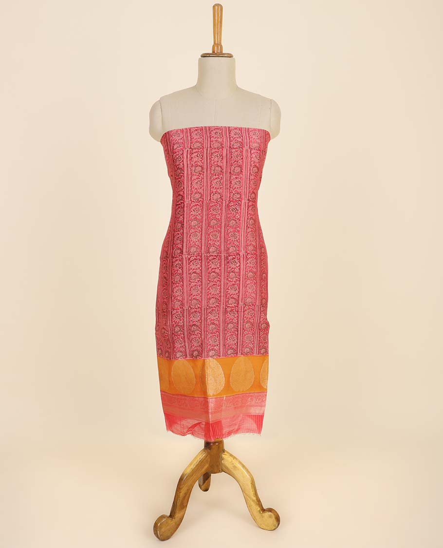 Red material chudidhar set, floral creeper top, plain bottom & intricate floral printed dupatta