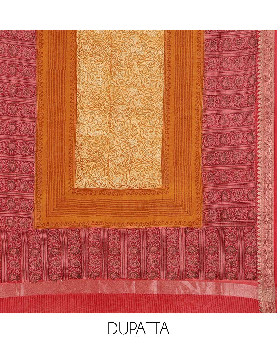 Red material chudidhar set, floral creeper top, plain bottom & intricate floral printed dupatta