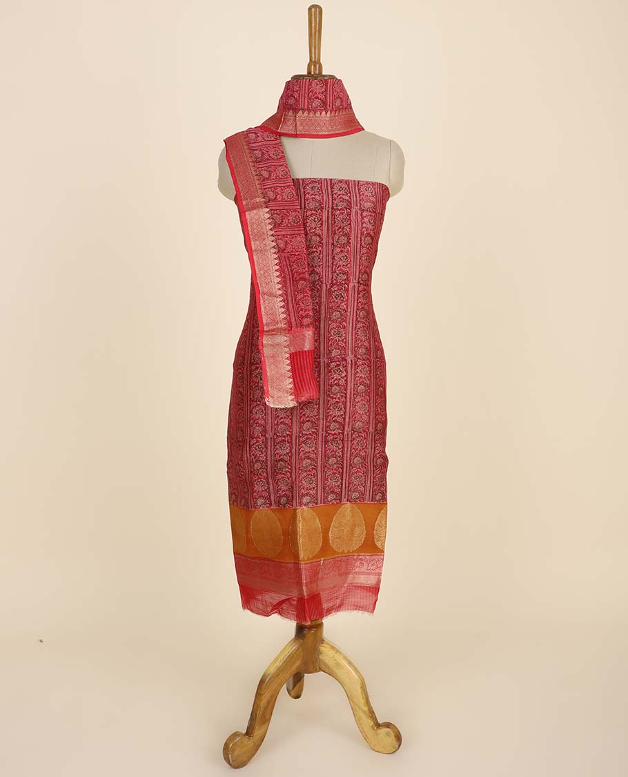Red material chudidhar set, floral creeper top, plain bottom & intricate floral printed dupatta