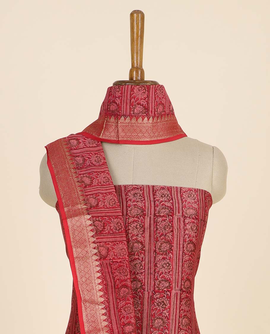 Red material chudidhar set, floral creeper top, plain bottom & intricate floral printed dupatta