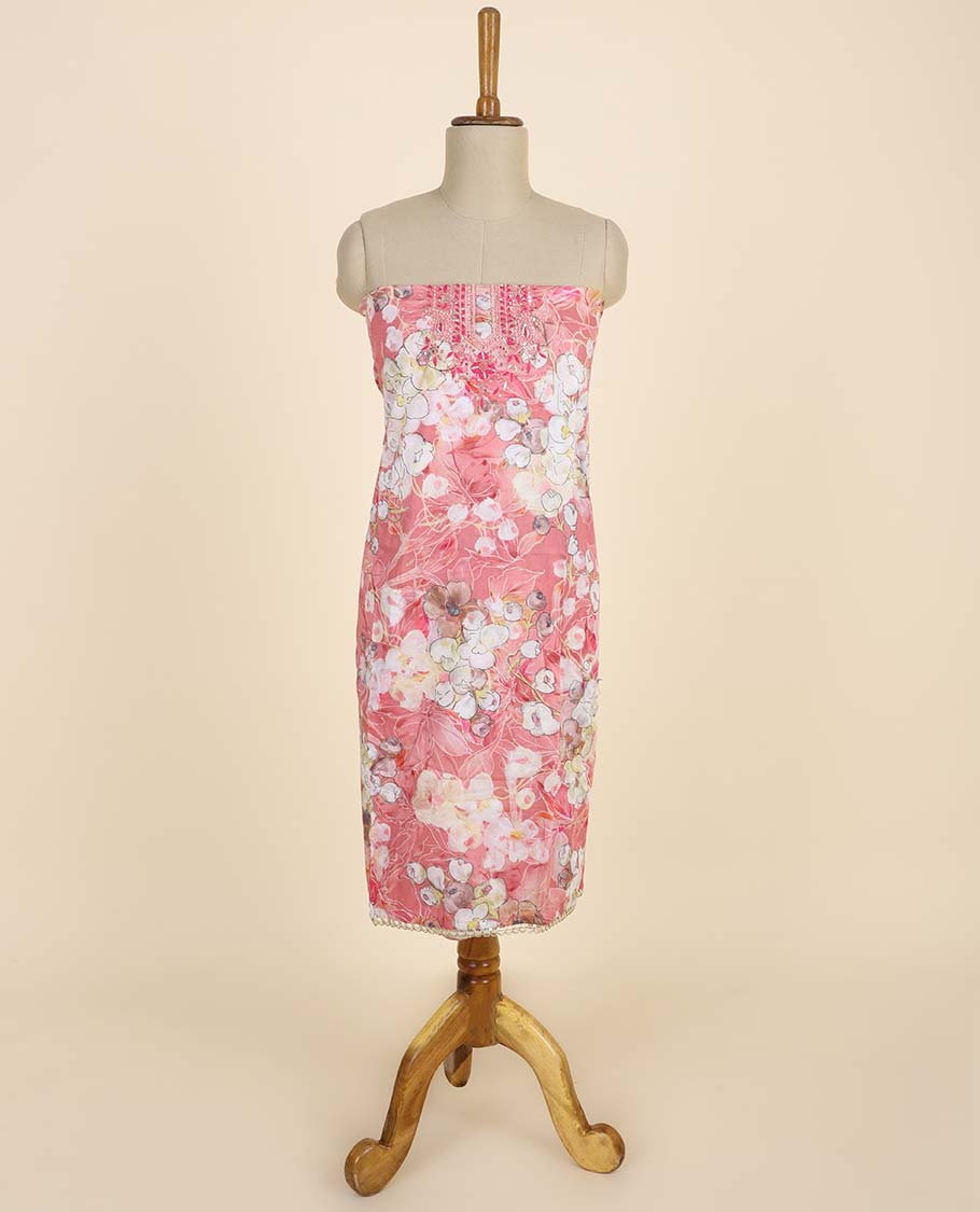Pink material chudidhar set, floral print & embroidered top, plain bottom & floral embroidered dupatta
