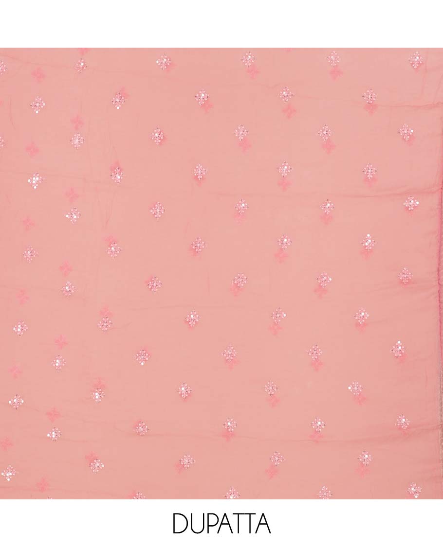 Pink material chudidhar set, floral print & embroidered top, plain bottom & floral embroidered dupatta