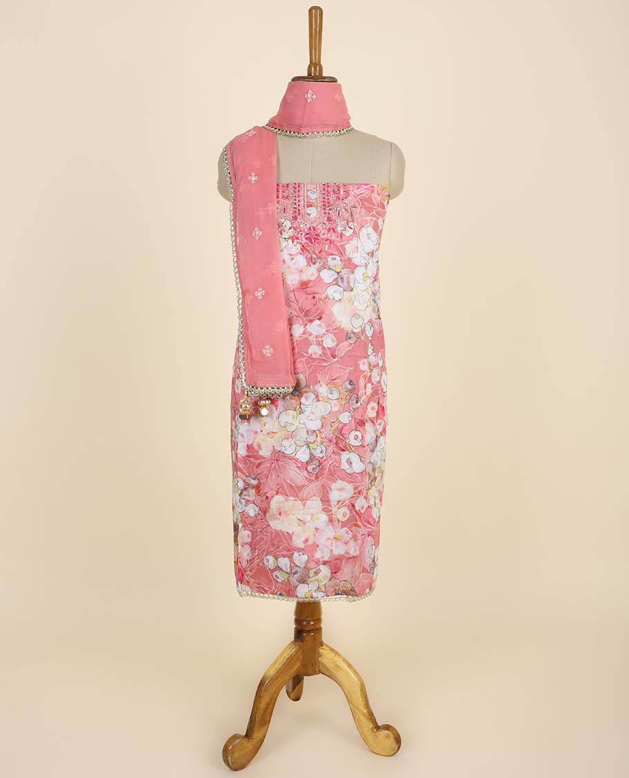 Pink material chudidhar set, floral print & embroidered top, plain bottom & floral embroidered dupatta