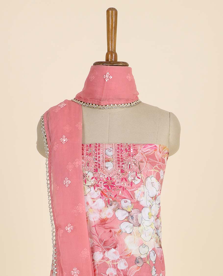 Pink material chudidhar set, floral print & embroidered top, plain bottom & floral embroidered dupatta