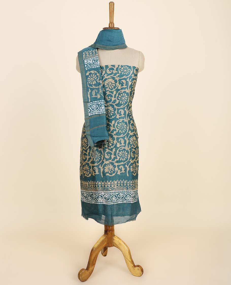 Blue material chudidhar set, floral vine printed top, plain bottom & batik-style floral printed dupatta