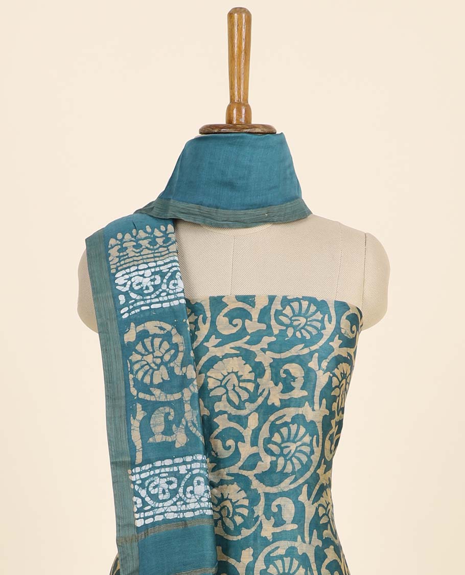 Blue material chudidhar set, floral vine printed top, plain bottom & batik-style floral printed dupatta