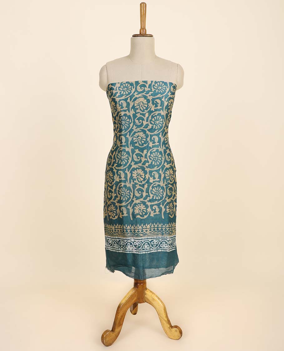 Blue material chudidhar set, floral vine printed top, plain bottom & batik-style floral printed dupatta
