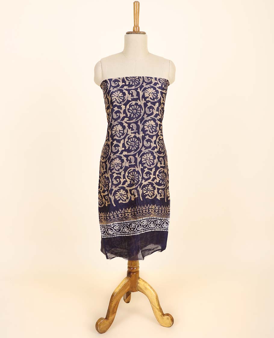 Blue material chudidhar set, floral vine printed top, plain bottom & batik-style floral printed dupatta