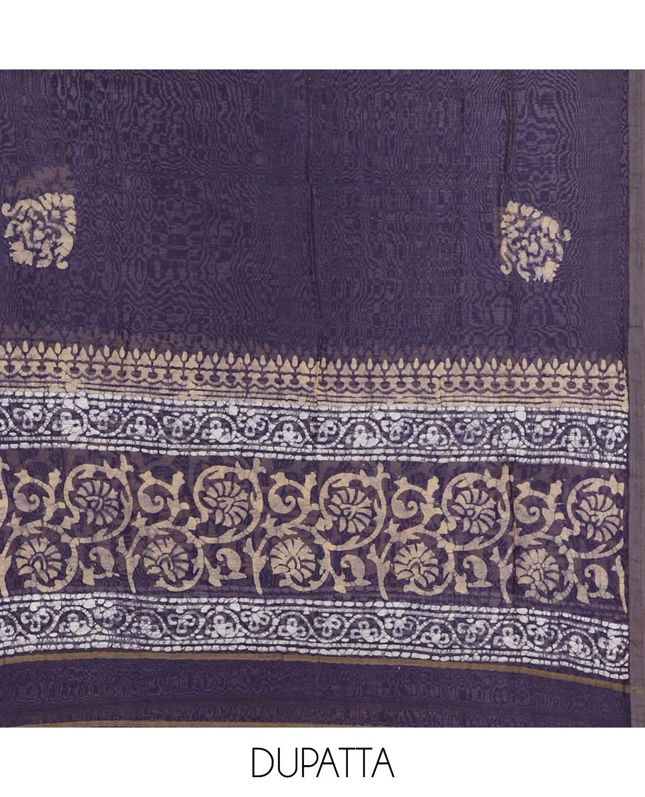 Blue material chudidhar set, floral vine printed top, plain bottom & batik-style floral printed dupatta