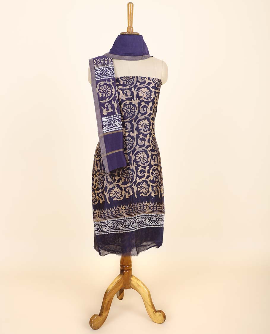 Blue material chudidhar set, floral vine printed top, plain bottom & batik-style floral printed dupatta